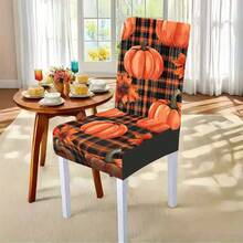 1/4/5/6/7/36pcs Thanksgiving Plaid, Line, Pumpkin & Maple Leaf Print Chair Cover/Seat Covers Set, Suitable For Indoor Home, Restaurant, Hotel, Ideal For Modern Daily Decor. Tablecloth Fits Square Dining Table, Elastic Chair Covers Are Washable. - Multicolor - View 16