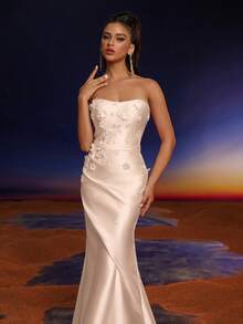 Anymoon 3D Hand Floral Ruffle Trim Mermaid Bridesmaid Dress - Apricot - View 6