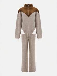 Women's Turtleneck Color Block Zip-Up Loose Casual Sweater And Drawstring Waist Wide Leg Knit Pants Set
