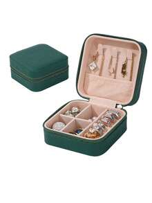 1pc Dual Layer Large Capacity Jewelry Box, Minimalist Leather Jewelry Storage Box, Portable Solid Color Rectangular Jewelry Organizer, Vanity Jewelry Box With Drawer, PU Leather Travel Jewelry Box, Convenient For Travel, Dual Layer Storage Box, Large Capacity For Earrings, Necklaces, Bracelets