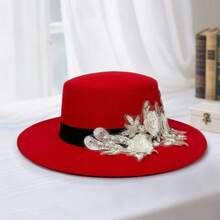 Womens Fedora Hat Stylish Elegant Decorative Flower Panama Hat Wide Flat Brim Jazz Cap - 紅色 - 查看 5