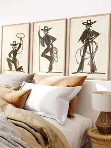 1pc Unframed, Minimalist Cowgirl Wall Art Brown Western Woman Poster Trio Modern Line Art Rodeo Print - Multicolor - View 3