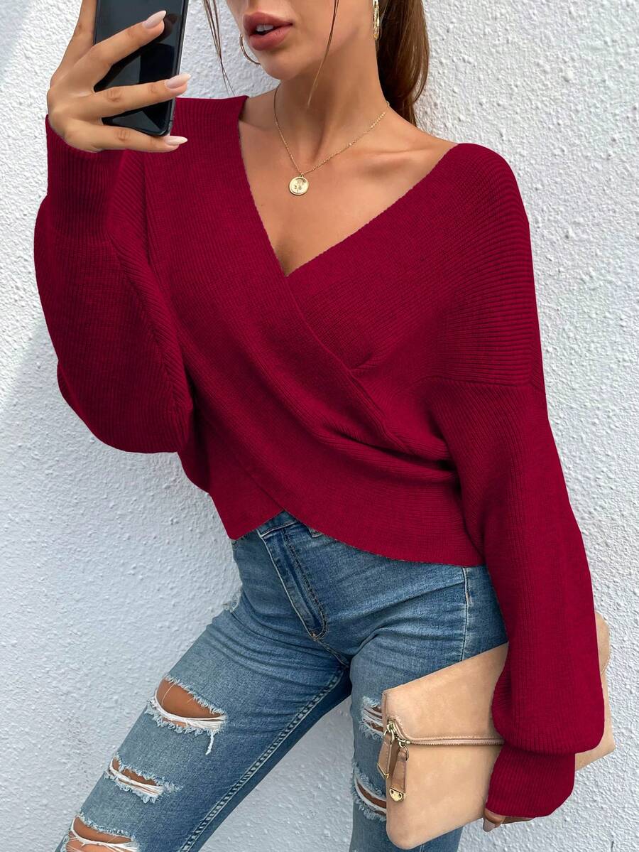 Women's Sexy Sweater V Neck Off Shoulder Long Sleeve Cross Wrapped Front Knit Sweater Fall Autumn Winter Street Party Club Night Out Valentine Top Outfits - 酒紅色 - 查看 1