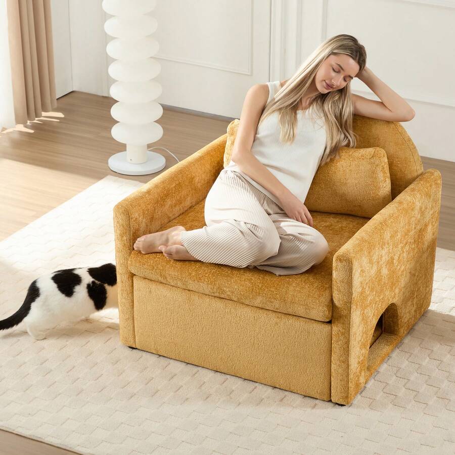 Oversized Armchair With Cat House,Modern Style Accent Chair With Cat Bed, Chenille Single Sofa Lounge Chair For Living Room, Bedroom - 黃色 - 查看 1