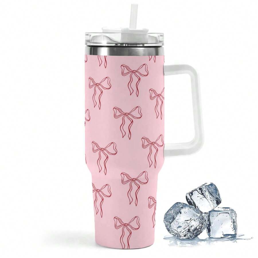 1pc 40oz Stainless Steel Insulated Travel Tumbler With Handle, Keeps Drinks Hot & Cold, Perfect For Hiking & Office Use - 粉色 - 查看 1