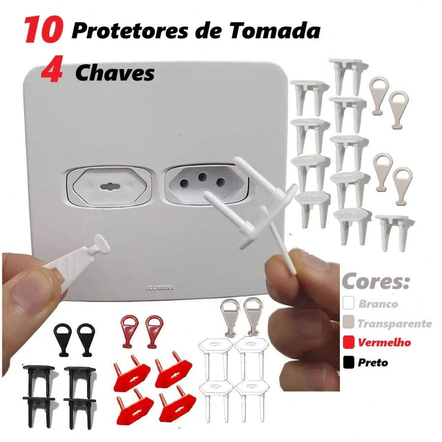 10 unidades Protetor de Tomada + 4 Chavinhas Segurança Bebê - Branco - Visão 1