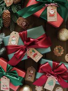 100pcs Christmas Decoration Hang Tags Santa Claus Gift Box Decor Small Cards Bouquet Hang Tags With Strings For Christmas Packaging, DIY Christmas Gifts