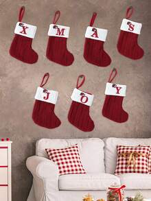 1pc Red Christmas Hat Letter Knitted Socks, English Letters Hanging Stockings, Suitable For Party Decoration 2026 New Year Party Favors Supplies, Baby's Room Decoration, Home Nursery Hanging Decorations, Personalized Initial Xmas Stocking, Family Holiday Xmas Home Room Decor, Xmas Tree Ornaments, Xmas Eve Surprise Gifts Package Xmas Costumes, Baby Xmas Gift, Babe Party Favor - Christmas Hat Letter Knitted Socks - View 4