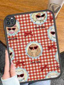 1pc Retro Cute Animal Original Illustration | Brick Red Plaid Pattern Design _ Sweet & Cute Style Shockproof Tablet Case, Built-In 360 Degree Thick Anti-Drop 10th Gen 10.9" Protective Tablet Cover, Portable Leather 10.2" Tablet Protective Case - Multicolor - View 5