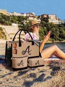 字母帆布手提袋套装，包含化妆包、洗漱包、钱包和个性化礼品袋，时尚休闲单肩包，适合婚礼、生日、海滩、度假、节日、上学等场合，是送给女性、妈妈、老师和朋友的绝佳礼物。 - 彩色 - 查看 7