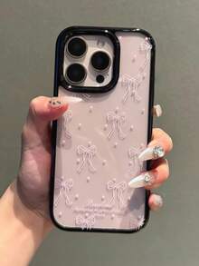 1 pezzo Custodia telefonica trasparente anti-caduta unica, dolce e rosa con pois e fiocco, adatta per iPhone 14/15 Pro Max/13/12/11 con cornice nera