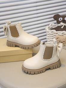 1 Pair Children's Fashion New Style Girls' Boots, PU Material, Side Zipper, Elastic Ankle, Handmade Flower & Bow Decor, Non-Slip Soft Durable Sole, Chelsea Style, Suitable For School, Outdoor, Home, Spring, Summer, Autumn Wear