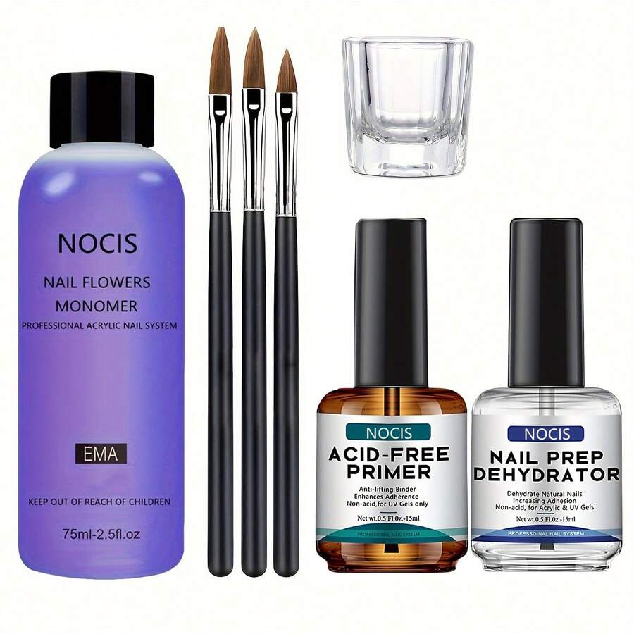 Kit de vernis à ongles acrylique liquide monomère, 75 ml – Qualité professionnelle, sans huile, avec 3 pinceaux à ongles et un récipient en verre pour extensions et nail art.