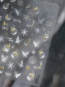 1PC Winter Butterfly Snowflake & Star Moon Nail Sticker, 5D Gold Foil Nail Decal, DIY Casual Daily Nail Art Decorations, Nail Supplies For Women & Girls, Self-Adhesive, Reusable, Perfect For Winter Holiday & Birthday Gifting