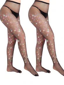 1/2 Pairs Sexy Shiny Fishnet Stockings & High Waist Rhinestone Fishnet Leggings, Women Party Tights