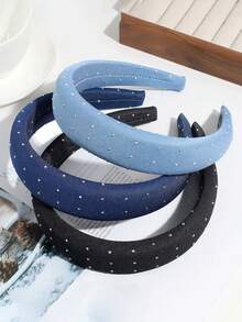 3/1pc Fashion Denim Rhinestone Fabric Headband, Minimalist Wide-Brim Headwear Suitable For Daily Commute And Work
