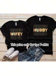 1pc His & Hers Matching Couple T-Shirts - Funny "Hubby & Wifey" Printed 100%Cotton 180g Crew Neck Short Sleeve Tees For Valentine's Day Couple Outfits - 男性 - 查看 7