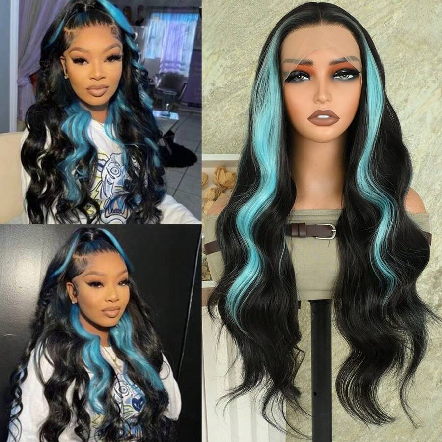13X4 Free Part Black Green Highlights Body Wave Lace Front Wigs Pre Plucked Soft Long Wavy Hair Wigs Heat Resistant Wave Wigs Glueless Christmas Wig Long Wavy Synthetic Lace Front Wigs For Women Perfect For Daily Wear & Parties - 強調 - 查看 1