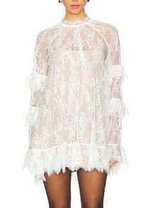 Women's See Through Lace Dress Long Sleeve Crew Neck Casual Loose Sheer Dress Vacation Beach Cocktail Mini Dresses - 白色 - 查看 4