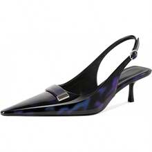 Women's Pointed Toe Slingback Heels Metal Buckle Ankle Strap Kitten Low Heel Pumps 2 Inch Stylish Retro Women Shoes-20256688 - 漆皮黑藍色 - 查看 1