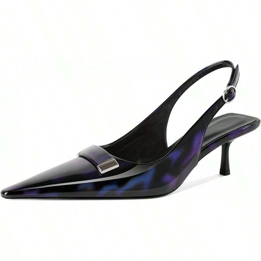 Women's Pointed Toe Slingback Heels Metal Buckle Ankle Strap Kitten Low Heel Pumps 2 Inch Stylish Retro Women Shoes-20256688 - 漆皮黑藍色 - 查看 1