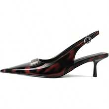Women's Pointed Toe Slingback Heels Metal Buckle Ankle Strap Kitten Low Heel Pumps 2 Inch Stylish Retro Women Shoes-20256688 - 漆皮黑紅色 - 查看 6