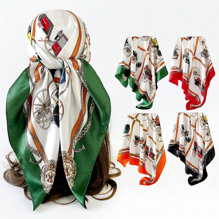 90Cm * 90cm Silk Scarf Headscarf, Classic Carriage Printed Silk Scarf, Printed Square Scarf, Silk Scarf, Smooth Fabric, Headscarf, Binding Bag, Decorative Silk Scarf And Scarf For Daily Use - D9169-紅色 - 查看 1