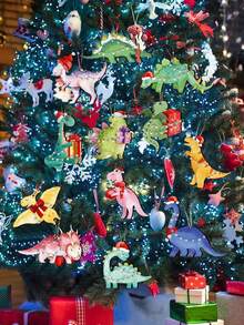 24pcs Christmas Tree Dinosaur Theme Design Unique Holiday Wooden Hanging Decorations (Hats, Scarves, Sweaters), Suitable For Holiday Trees, Home, Kitchen, And Party Decorations, Seasonal Kitchen Decorations | Classic Christmas Style | Vibrant Holiday Colors, Dinosaur Christmas Decorations