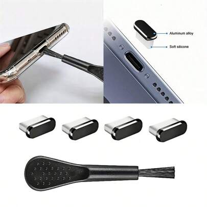 4pcs USB-C Dust Plug And 1 Cleaning Brush, Metal C-Type Charging Port Cover, Dust-Proof USB-C Plug Protector, Charging Interface Protector, Phone USB-C Port Protector, Charging Interface Protector / Plug Protector Dual Function, Fit For All USB-C Devices
