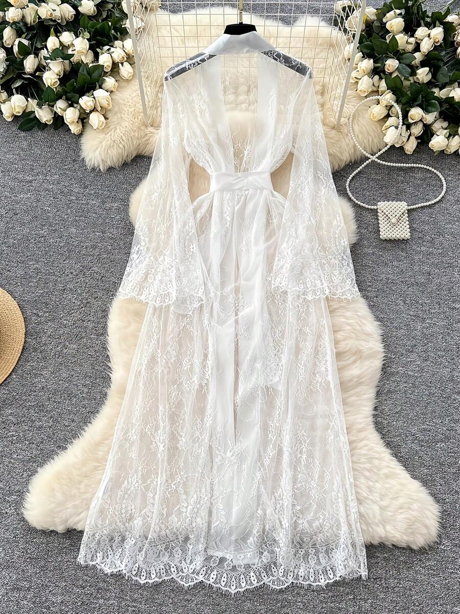 Women's See-Through Sexy White Lace Robe With Belt, Fitted Thin Fabric Nightwear For All Seasons, Elegant Sleepwear And Lingerie - trắng - Xem 1