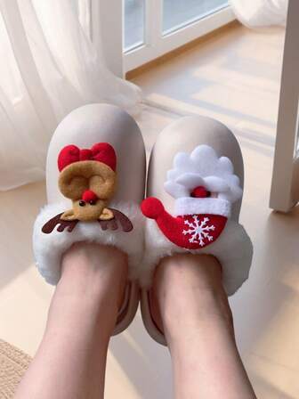 女士圣诞老人与驯鹿休闲洛丽塔风格 PE（聚乙烯）毛绒拖鞋，适合居家、派对、户外、秋冬季，温暖、防滑、柔软