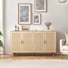 158CM Elegant And Functional 4-Door Rattan Decorative Storage Cabinet For Bedroom, Living Room, Office, Black; 158CM Elegant And Functional 4-Door Rattan Cabinet For Bedroom, Living Room, Office - 天然+刨花板 - 查看 5