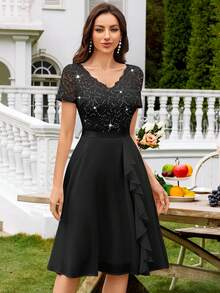 MIUSOL Elegant Women's V-Neck Contrast Lace Sequin Black Flowy Chiffon Swing Dress, Ruffle Trim Ruched Hem, For Wedding Guest, Prom, Homecoming, Birthday Party - màu đen - Xem 6