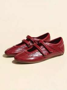 Giày Mary Jane đế bệt mũi tròn cổ điển màu đỏ mùa xuân 2025, giày da đế bằng, mùa thu, mùa thu, giày da thường ngày cho nữ - Đỏ - Xem 2