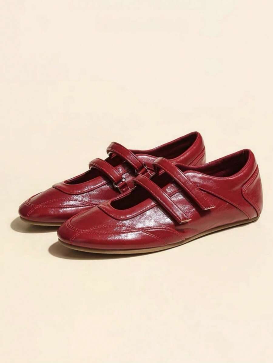 Giày Mary Jane đế bệt mũi tròn cổ điển màu đỏ mùa xuân 2025, giày da đế bằng, mùa thu, mùa thu, giày da thường ngày cho nữ