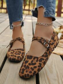 Zapatos planos de mujer con estampado de leopardo para primavera/otoño, bailarinas de moda con tiras cruzadas para uso diario, cómodos y ligeros mocasines con estilo retro y suela antideslizante - Estampado de leopardo de cabeza cuadrada - Ver 3