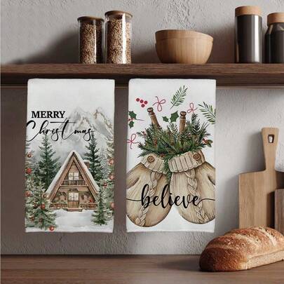 MEMNUN 2 件圣诞雪屋和针织槲寄生印花“圣诞快乐和相信”厨房巾，15.75 * 23.62 英寸（40 * 60 厘米）超柔软吸水超细纤维洗碗布，适用于餐厅、厨房、圣诞装饰和礼物，所有季节