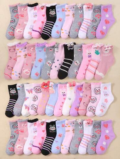 20 Pairs Kids/Toddlers Socks With Cute Cartoon Animal Prints - Butterfly, Rabbit, Stripes And Flowers. Unique And Fun Patterns, Soft And Breathable. Versatile Casual Mid-Calf Socks, Suitable For Daily Wear, Gifts Or Travel. Assorted Colors And Styles Randomly Shipped.