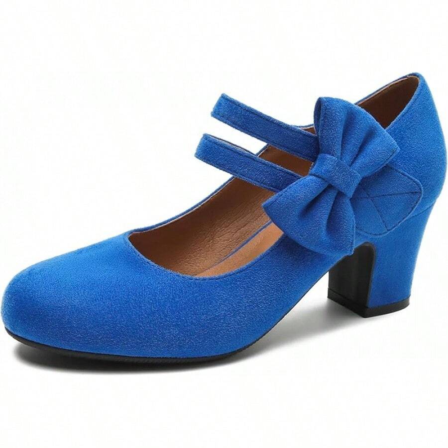 Enelauge Women's Mary Jane Heels With Bow Retro Closed Round Toe Pumps Sweet Ankle Strap Low Block Heels Chic Bowtie Vintage Dress Wedding Party Office Daily ShoesChristmas - 皇家藍絨面革 - 查看 1