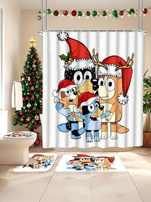 [Christmas Bluey Shower Curtain Window Curtain Set] 1/3/4pcs Christmas Solid Color Santa Hat Bluey Family And Friends Holiday Pattern Printed Shower Curtain Set, Modern Design, Suitable For All Seasons, Waterproof Polyester Hooks And Lining, Flannel Material, Soft Surface, Absorbent Anti-Slip Bathroom Mat, Bathroom Set Includes U-Shaped Mat, Toilet Mat, Anti-Slip Bathroom Mat And Bathroom Accessories, Home Decor, Holiday Decor, Christmas Gift, Daily Decor, Gift Giving