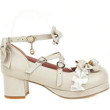 Women Lolita Cosplay Shoes Cross Strap Block Heel Mary Jane Lace Pumps-20256688 - 3米色 - 查看 6