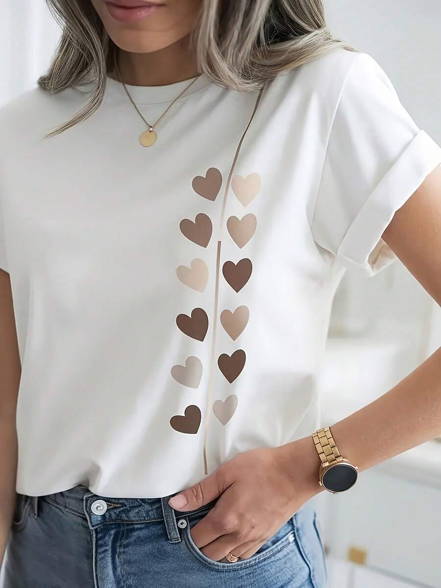 Camiseta elegante y cómoda para mujer con forma de corazón, cuello redondo, impresión, adecuada para todas las estaciones, envío local, camiseta de verano, elegante, fiesta de verano, declaración dulce, símbolo de amor, camiseta casual.