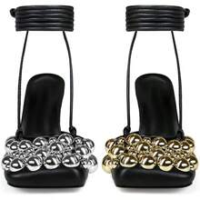 Saint Leia Women's 4IN High Heel Sandals Nude Stiletto Pumps With Gold Silver Pearls Heels For Weddings Parties And Evening WearChristmas - 黑金銀 - 查看 4