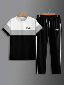 2 件男士运动套装，透气舒适，优质面料超柔软渐变休闲圆领短袖上衣和慢跑裤套装，流行服装 - 黑色 - 查看 2