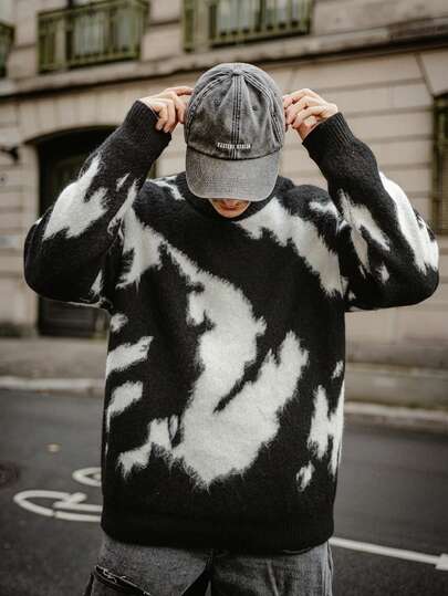 Men's Casual Loose Knit Sweater, Minimalist Black & White Fuzzy Pattern Crew Neck Pullover, Long Sleeve Knitwear, Gift For Men, Winter, Grunge Style , Fall