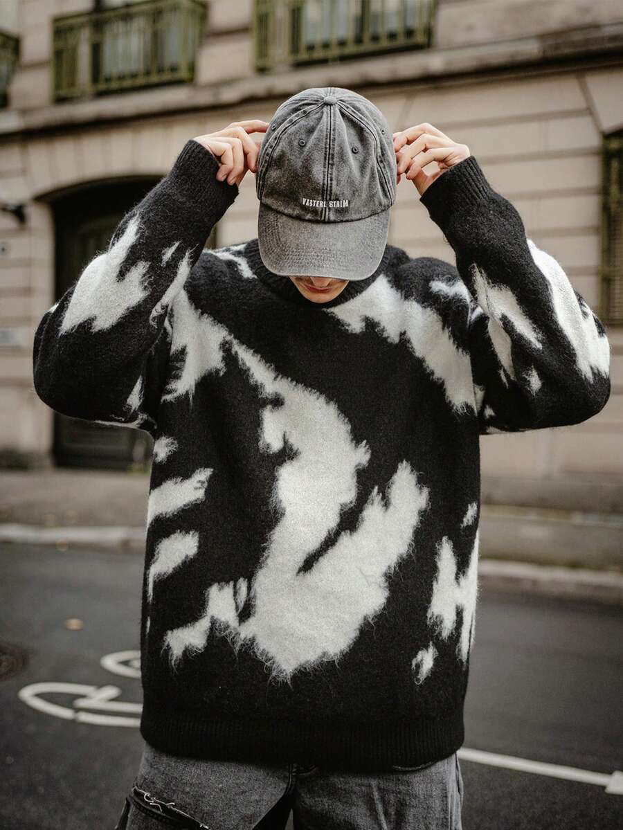 男士休闲宽松简约黑白绒毛图案圆领套头毛衣，轻薄长袖针织衫，男士礼物