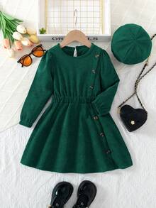 Young Girl Elegant Corduroy Christmas Beret Dress, With Refined Button Design And Corduroy Fabric, Round Neck Long Sleeve A-Line, And Elegant, Suitable For Christmas Parties And Daily Wear - Green - View 1