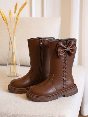 1 par de botas de media pantorrilla con decoración de lazo en estilo occidental de piel sintética para niños/adolescentes, en negro clásico o marrón sólido retro, botas Chelsea casuales, con forro de felpa cómodo, suela gruesa, adecuadas para niñas de 3 a 14 años para uso diario, fiestas, vacaciones, otoño/invierno