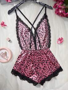 New Arrival Women's Sexy Lingerie Adjustable Cross-Back Straps With Deep V-Neck Backless Sexy Teddy Lace-Embellished Satin Comfortable Homewear Bodysuit Pajamas - Deep Pink - View 3