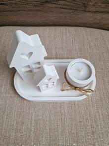 4 PCS/Set - Oval Tray Mold + Chimney Heart House Mold (Large & Small) + Small Cylinder Candlestick Mold, DIY Creative Home Decor Plaster Silicone Molds Set, Epoxy Resin Casting Mould For Handicrafts - White - View 6